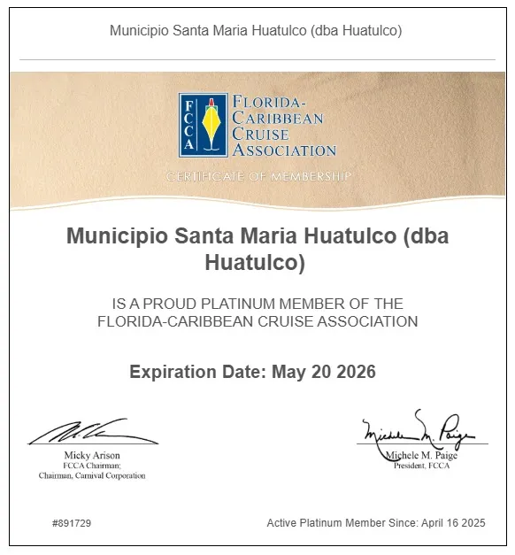 Huatulco se une a la élite del turismo de cruceros con Membresía Platinum en la FCCA